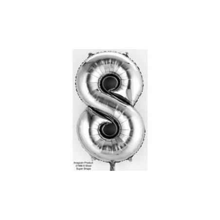 Balon, foliowy cyferka mini "8" 20x35 cm, srebro