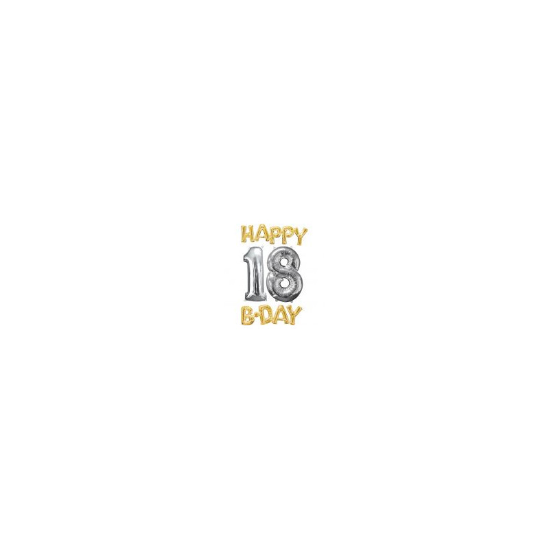 Balon, foliowy "Happy Bday 18 złoto-srebrna"