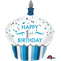Balon foliowy Babeczka na "1 urodziny" niebieski