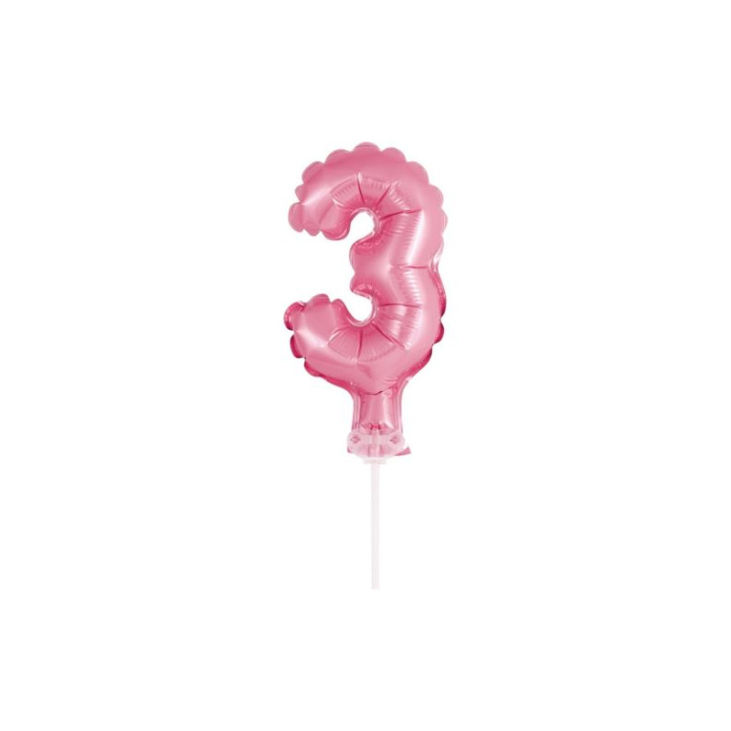 Balon foliowy 13 cm na patyczku "Cyfra 3", różowa