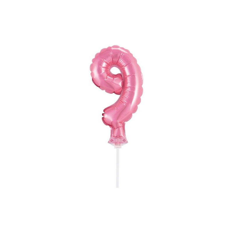 Balon foliowy 13 cm na patyczku "Cyfra 9", różowa