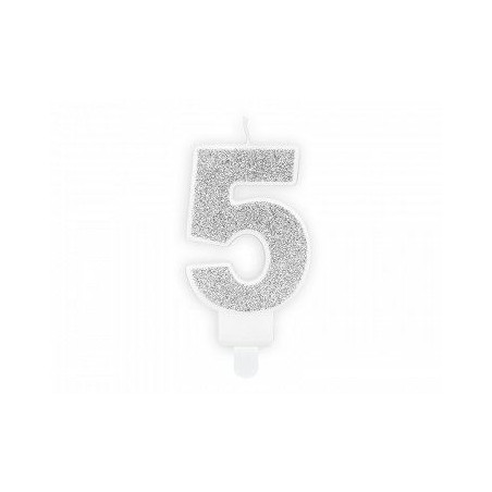 Świeczka urodzinowa Cyferka 5, srebrny, 7cm