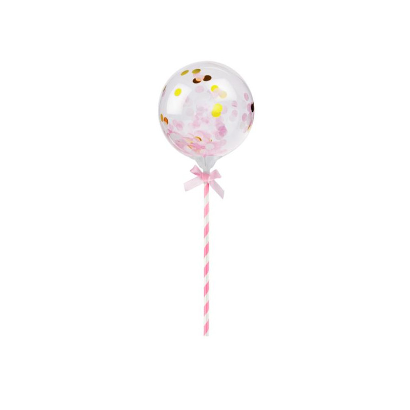 Balon transparentny na patyczku z konfetti różowym
