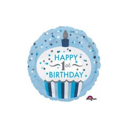 Balon foliowy 1 urodziny tort Chlopiec 43cm