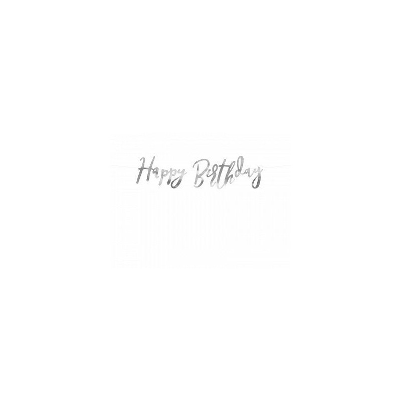 Baner Happy Birthday, srebrny, 16,5x62cm