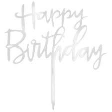 Topper na tort Happy Birthday lustrzany srebrny