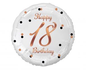 Balon foliowy Happy 18 Birthday, biały, nadruk róż