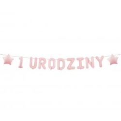 Girlanda papierowa "1 URODZINY", różowa, 1,5 m.