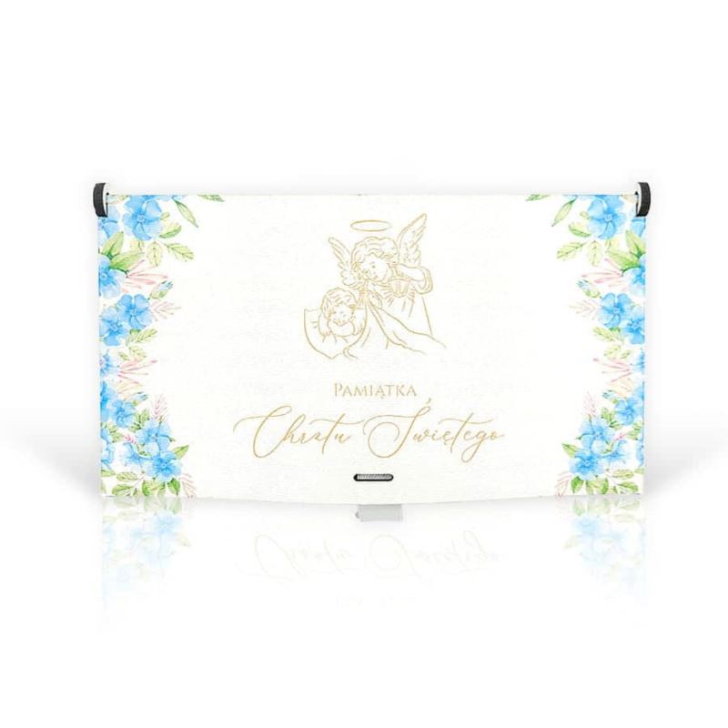 Pudełko mini drewno Chrzest z błękitnymi kwiatami