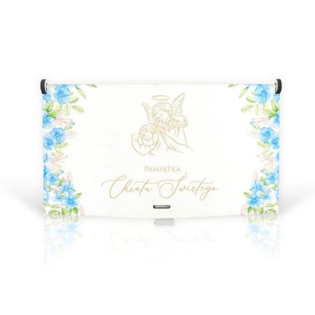 Pudełko mini drewno Chrzest z błękitnymi kwiatami