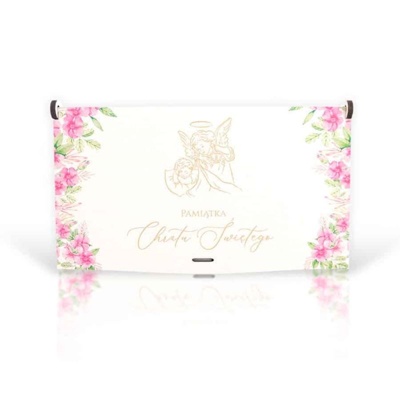 Pudełko mini drewno Chrzest z różowymi kwiatami