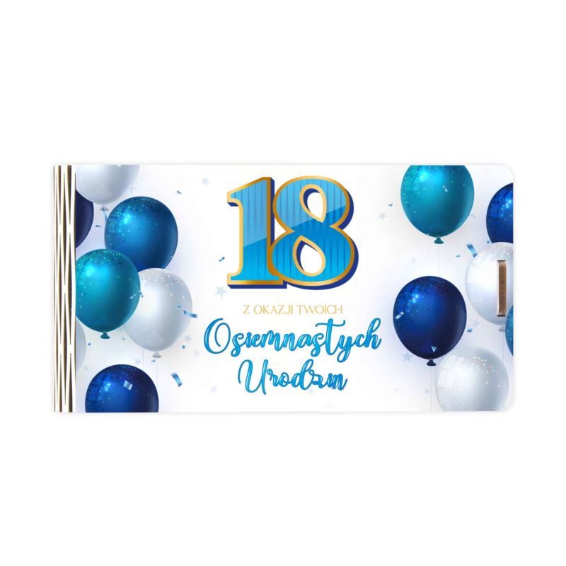Pudełko mini drewno 18 Urodziny Niebieskie balony