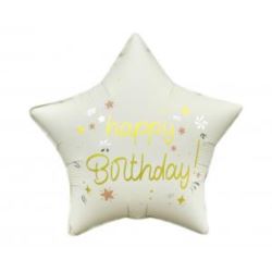Balon foliowy Happy Birthday, gwiazda matowa biała