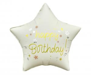 Balon foliowy Happy Birthday, gwiazda matowa biała