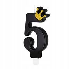 Świeczka czarna ze złotą koroną cyfra "5"