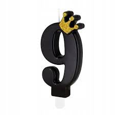 Świeczka czarna ze złotą koroną cyfra 9