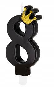 Świeczka czarna ze złotą koroną cyfra 8