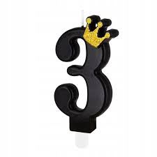 Świeczka czarna ze złotą koroną cyfra 3