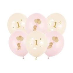 Balony 30 cm, Myszki z cyferką 1, róż beż