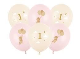 Balony 30 cm, Myszki z cyferką 1, róż beż