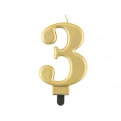 Świeczka B&C cyferka 3, metalik złota, 8,0 cm